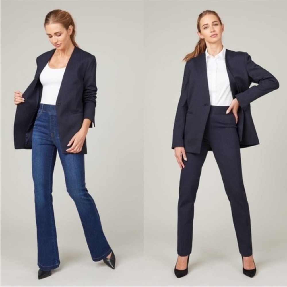 Spanx Blazer Perfect Collarless Ponte in Navy Pinstripe